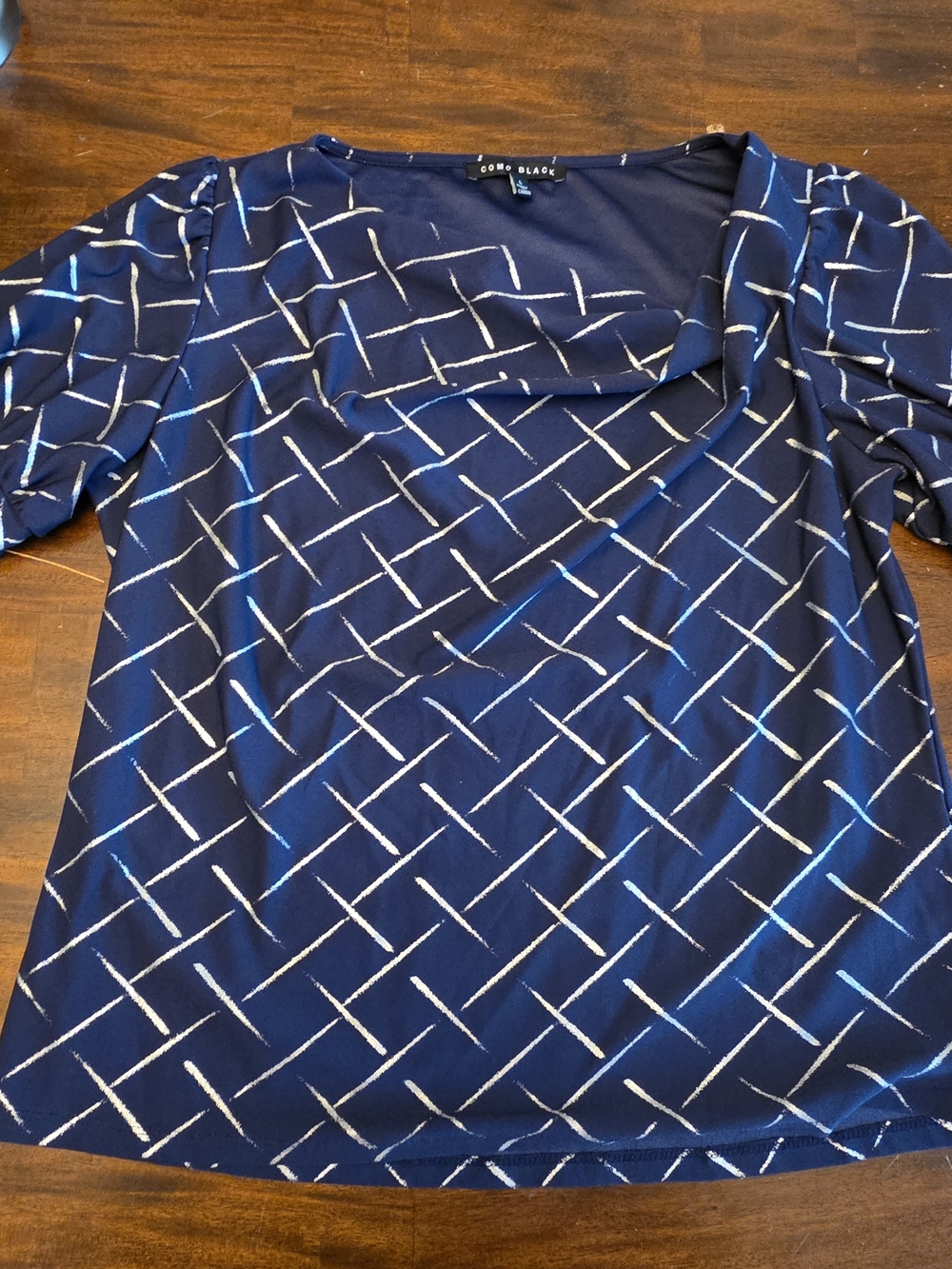 Como Black Navy Blue Geometric Lattice Grid Print Top Blouse - Women's Large